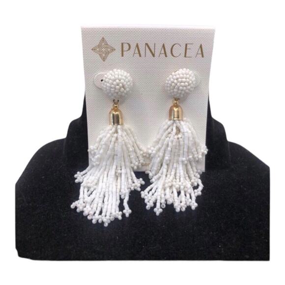 Panacea NIP White Iridescent Glass Beads And Silk Threads Tassel Earrings - Picture 2 of 12